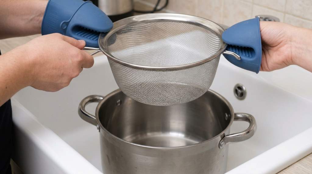 Preventing burns while draining boiling water with a metal strainer