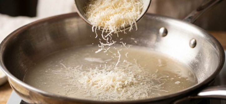 Smooth melted cheese sauce poured over cooked pasta