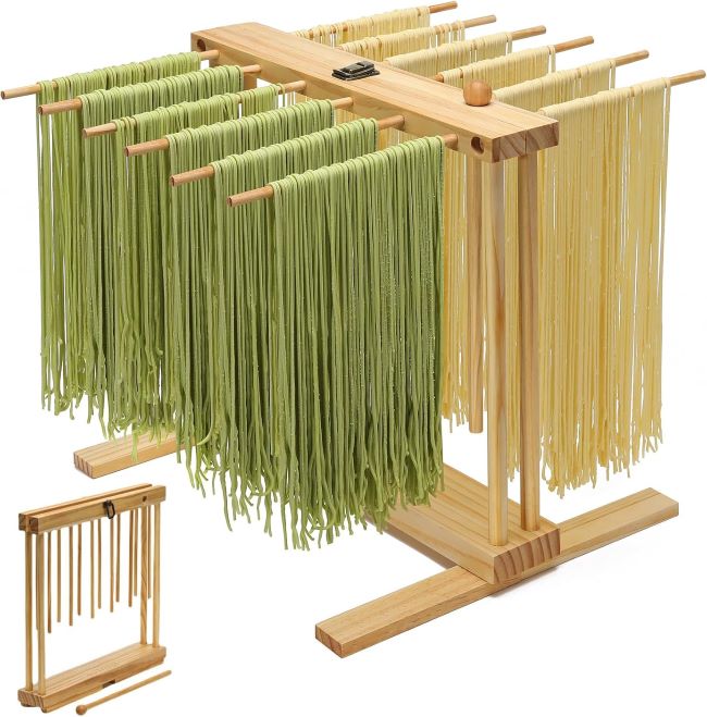 Talentree collapsible wood pasta drying rack with 12 hanging bars and transfer wand, designed for efficient pasta drying and easy storage