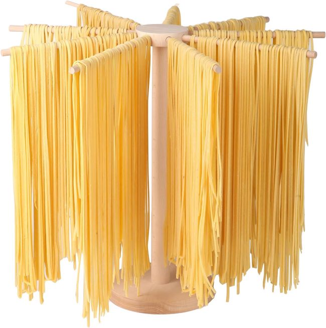 Tinada collapsible wooden pasta drying rack for fresh noodles and spaghetti, featuring a foldable design for compact kitchen storage