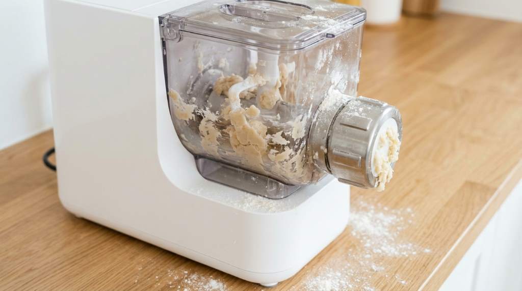 Using a plastic scraper to remove dried dough from pasta maker blades