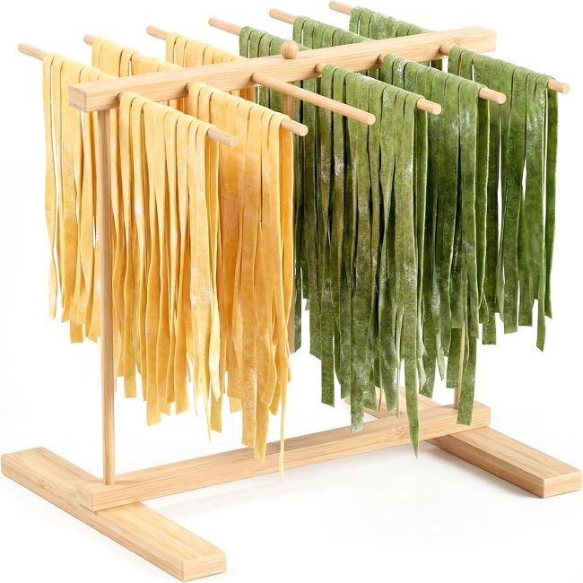 WiwiIron bamboo pasta drying rack with transfer wand and 12 bars, providing ample space for drying fresh pasta and homemade noodles