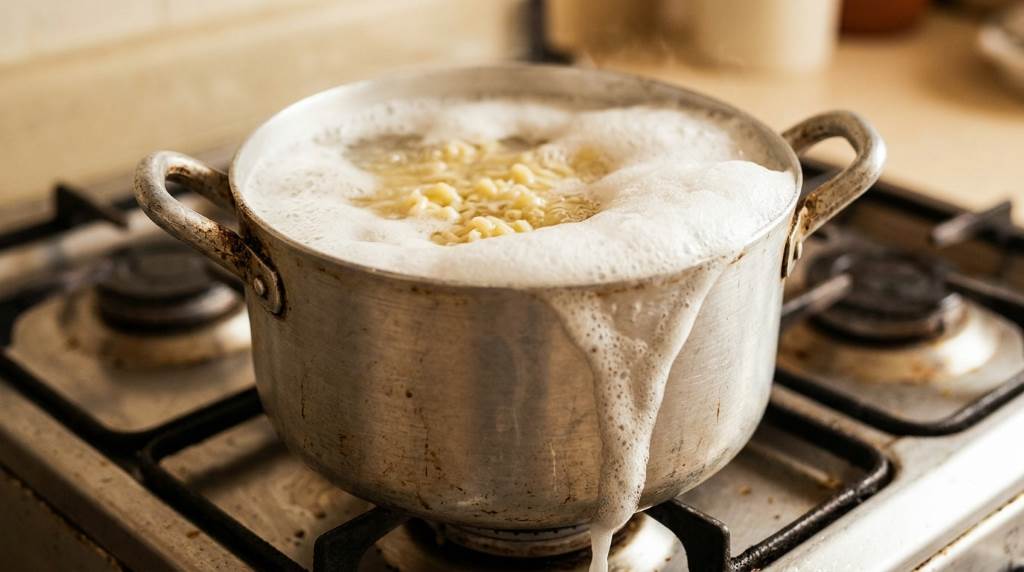 Wooden spoon stirring pasta in a boiling pot
