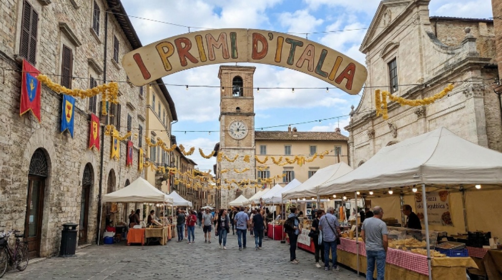 Foligno historic centre decorated for I Primi d'Italia pasta festival