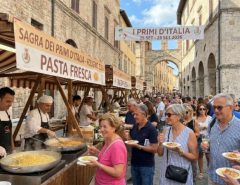 Pasta tasting stalls at I Primi d'Italia festival Foligno Italy 2026
