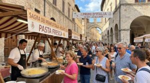 Pasta tasting stalls at I Primi d'Italia festival Foligno Italy 2026