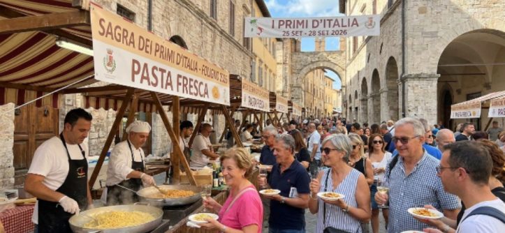 Pasta tasting stalls at I Primi d'Italia festival Foligno Italy 2026