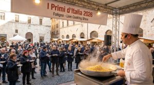 Chef cooking live demonstration at I Primi d'Italia 2026 Foligno