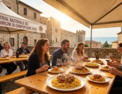 Visitors seated at long wooden tables eating plates of Maccheroncini di Campofilone IGP tossed with slow-cooked Marchigiano ragù during the 63rd National Festival in Campofilone, Le Marche, August 2026