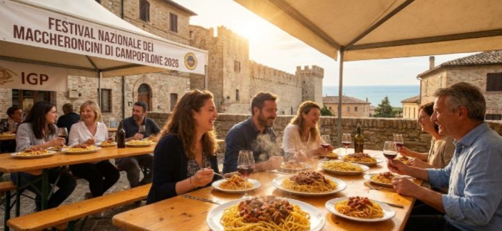 Visitors seated at long wooden tables eating plates of Maccheroncini di Campofilone IGP tossed with slow-cooked Marchigiano ragù during the 63rd National Festival in Campofilone, Le Marche, August 2026