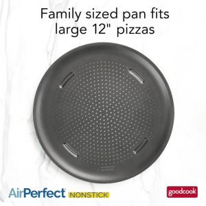 GoodCook AirPerfect perforated nonstick pizza pan used for baking homemade pizza with a crispy crust