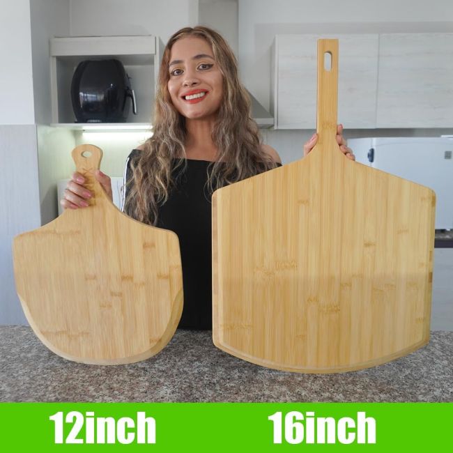 LX LERMX bamboo pizza paddle used as a cutting board for pizza, bread, pastries, and other baked goods