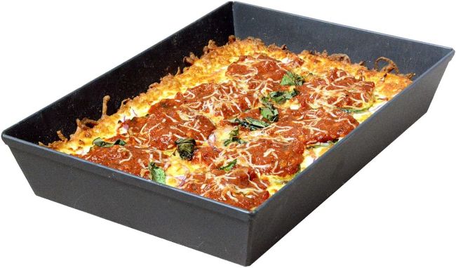 Lloyd Pans Detroit Style pizza pan with blue steel construction and seasoned finish