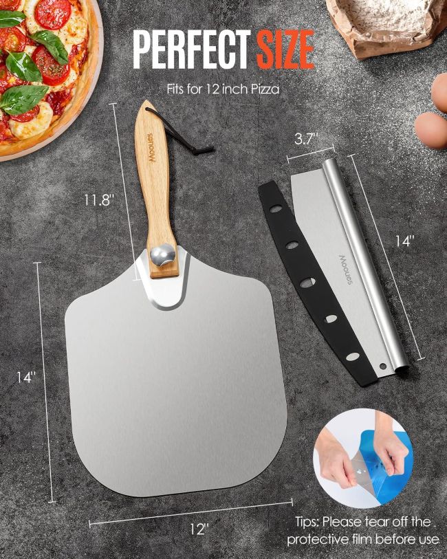 Mooues pizza paddle with integrated rocker cutter for transferring and cutting pizzas