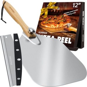 Mooues aluminum pizza peel with rocker cutter for preparing and slicing homemade pizza