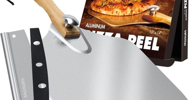 Mooues aluminum pizza peel with rocker cutter for preparing and slicing homemade pizza