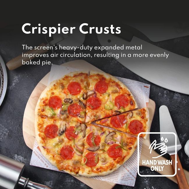 Restaurant-grade New Star Foodservice pizza screen supporting crisp, evenly baked pizza crusts