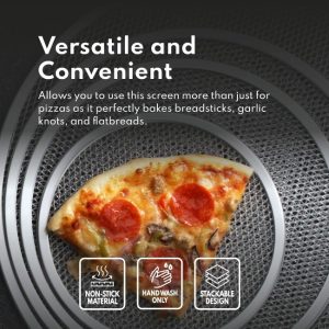 New Star Foodservice aluminum pizza baking screen used for preparing fresh pizza in a commercial or home oven