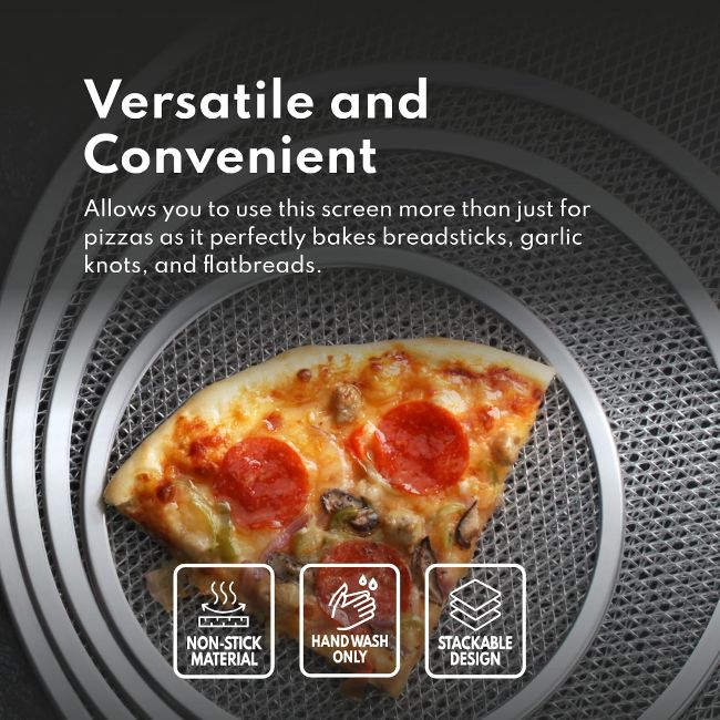 New Star Foodservice aluminum pizza baking screen used for preparing fresh pizza in a commercial or home oven