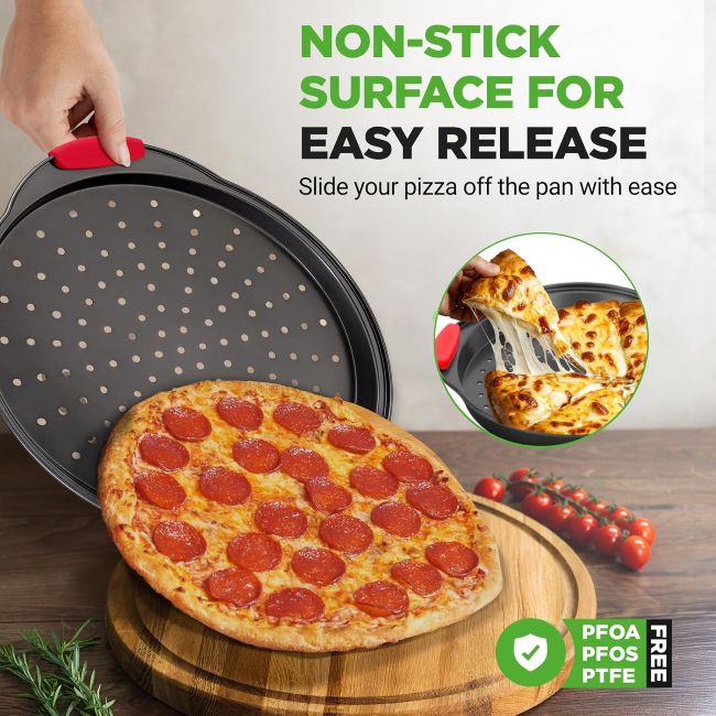 NutriChef perforated pizza pan with silicone grip handles for easy handling and baking