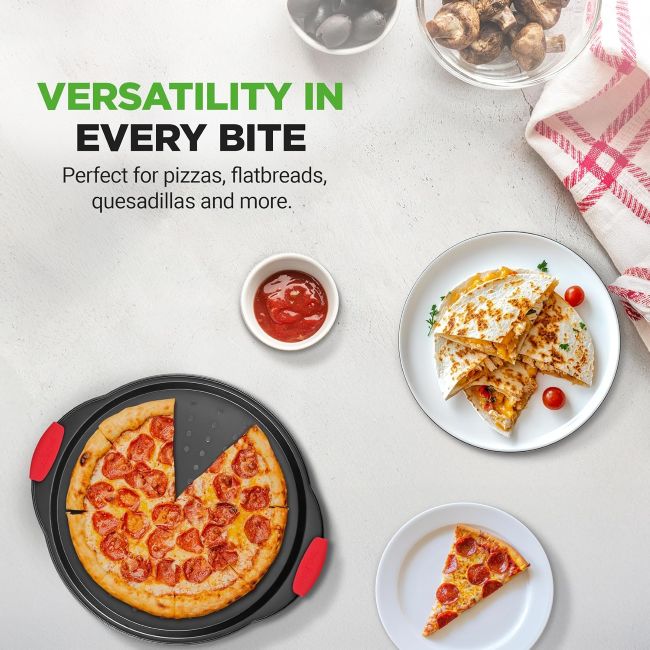 NutriChef 13-inch carbon steel pizza tray used for baking homemade pizzas with even airflow