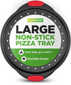 NutriChef 13-inch nonstick pizza tray with perforated carbon steel surface for crisp crusts