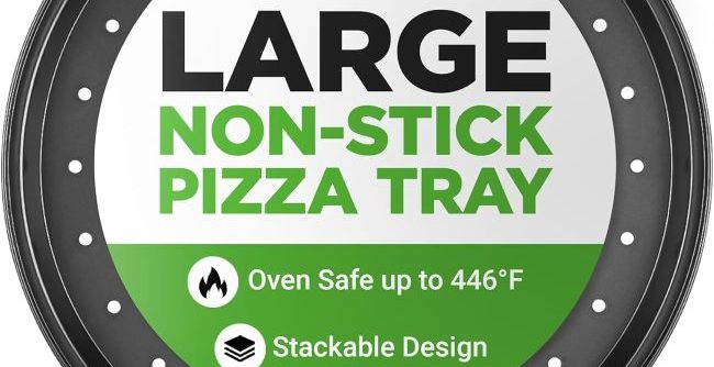 NutriChef 13-inch nonstick pizza tray with perforated carbon steel surface for crisp crusts
