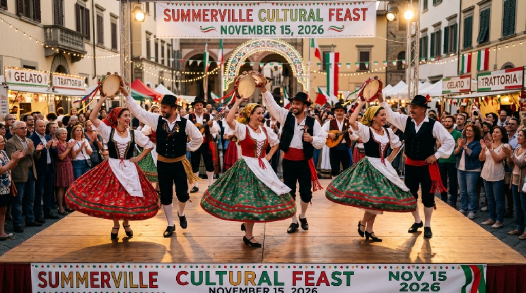Performers in traditional Italian costumes dancing at the Summerville cultural feast event on November 15 2026