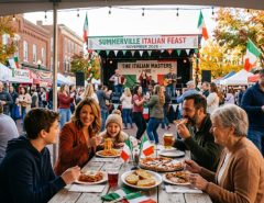 Families enjoying live music and Italian food at the Summerville Italian Feast outdoor festival in November 2026
