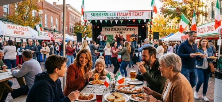 Families enjoying live music and Italian food at the Summerville Italian Feast outdoor festival in November 2026