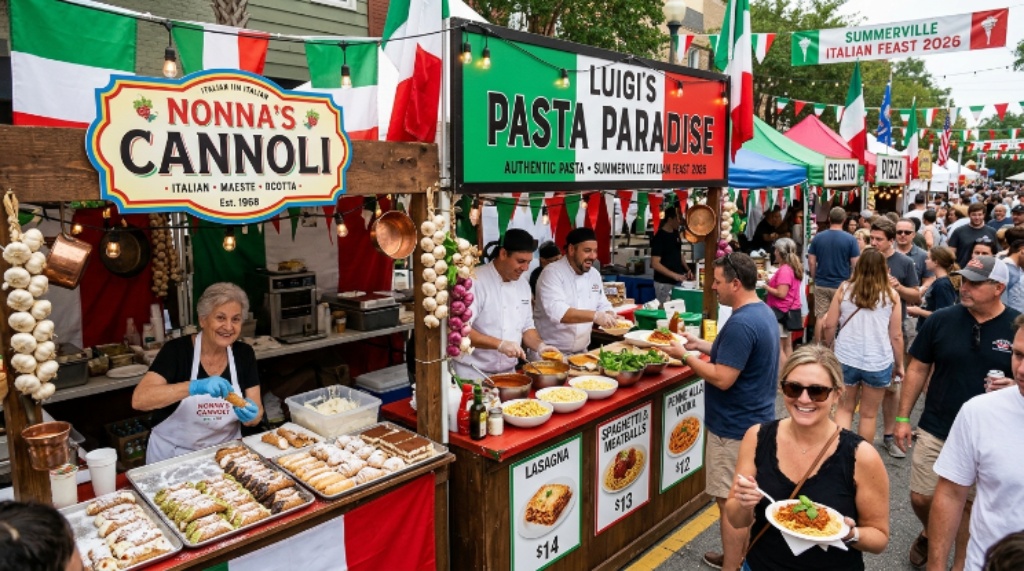 Colorful vendor booths serving authentic Italian dishes like cannoli and pasta at the Summerville Italian Feast 2026