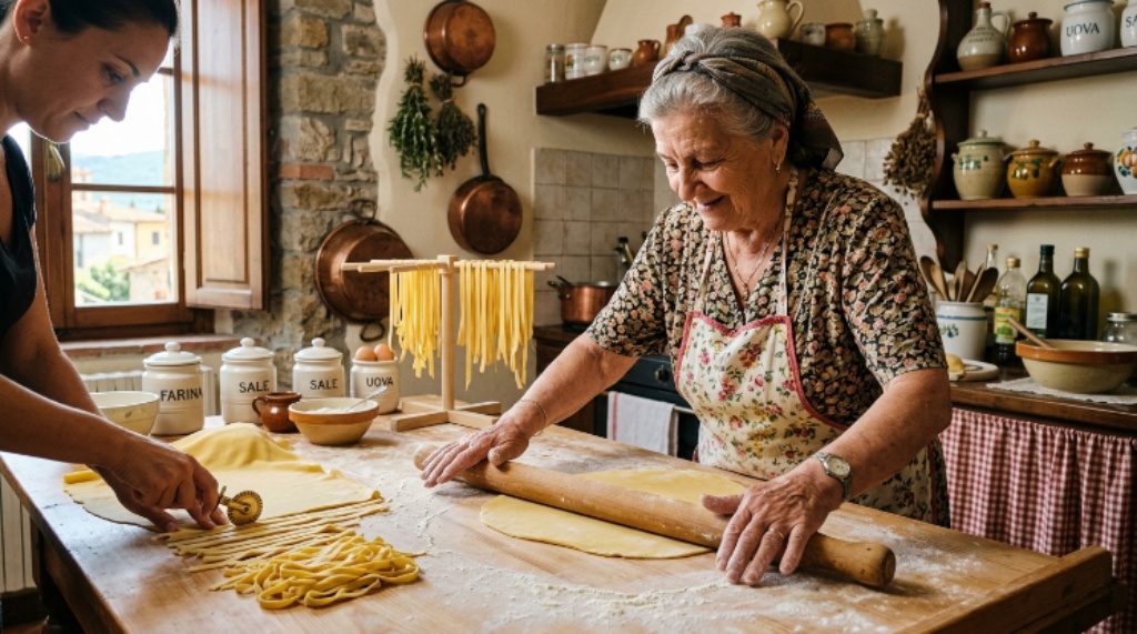 Fresh homemade pasta dough being rolled and cut by hand in a traditional Italian kitchen