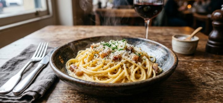 A steaming bowl of spaghetti carbonara garnished with black pepper and Parmesan on a rustic wooden table