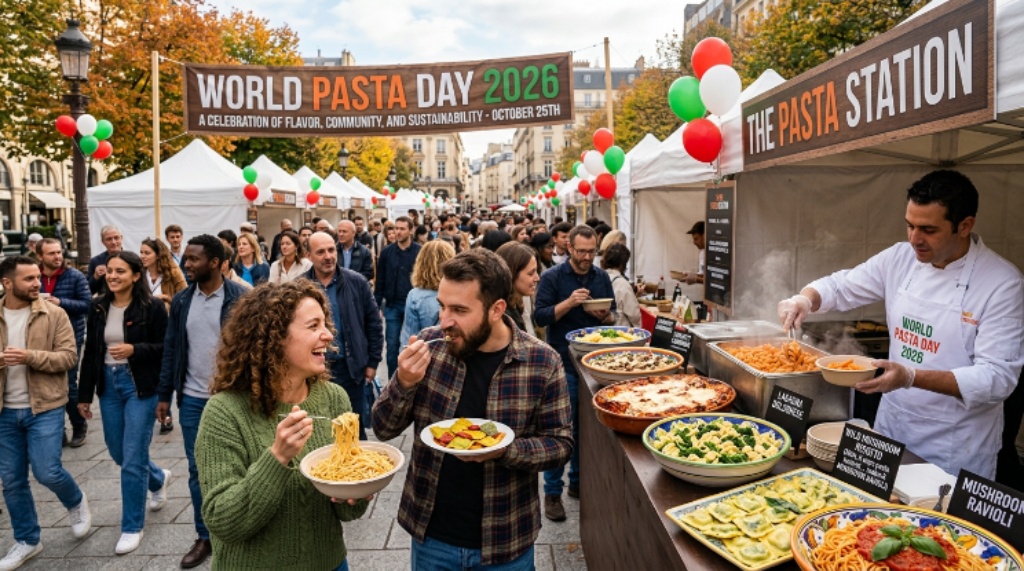 People celebrating World Pasta Day 2026 at an outdoor food festival with various pasta dishes on display